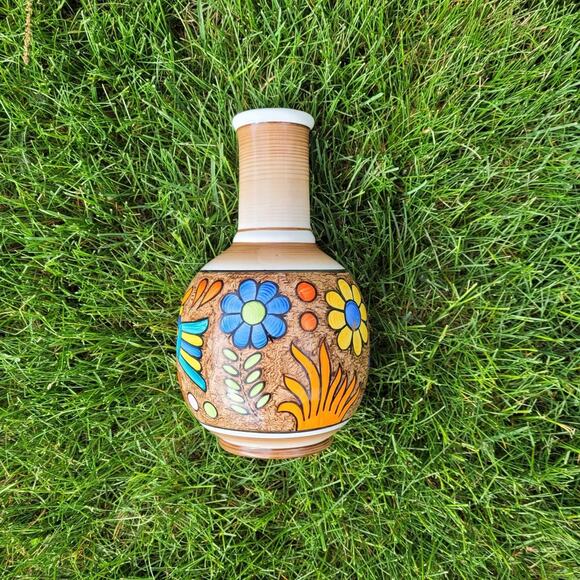 Hand Painted Folkart Floral Ceramic Vase with Birds 8 inch Cuernavaca Mexico - Picture 2 of 4